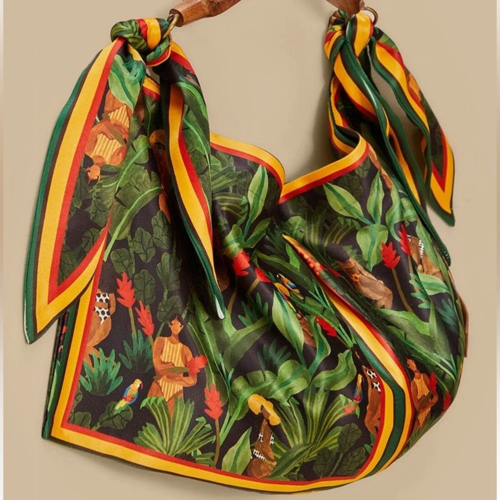 NEW RARE FARM Rio Beleza Tropical Scarf Mini Bag Jungle Print Wood Leaf Handle - Picture 5 of 16